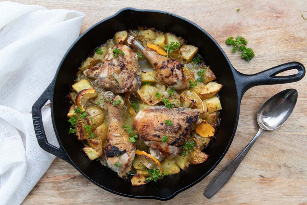 Easy Skillet Honey, Mustard and Lemon Chicken served with Sautéed Chilli Cavolo Nero