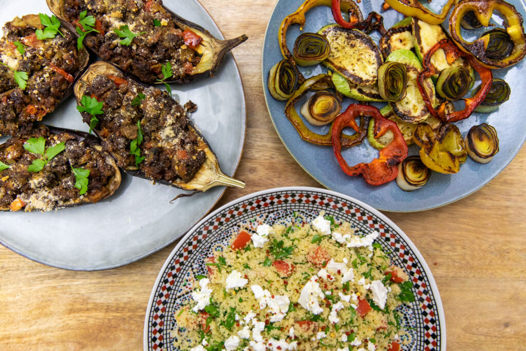 Stuffed Aubergine with Lamb, Grilled Vegetables and Couscous Salad
