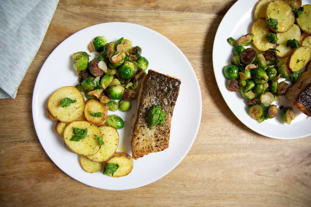 Sautéed Brussel Sprouts, Pan Fried Salmon and Crispy Oven Potatoes.