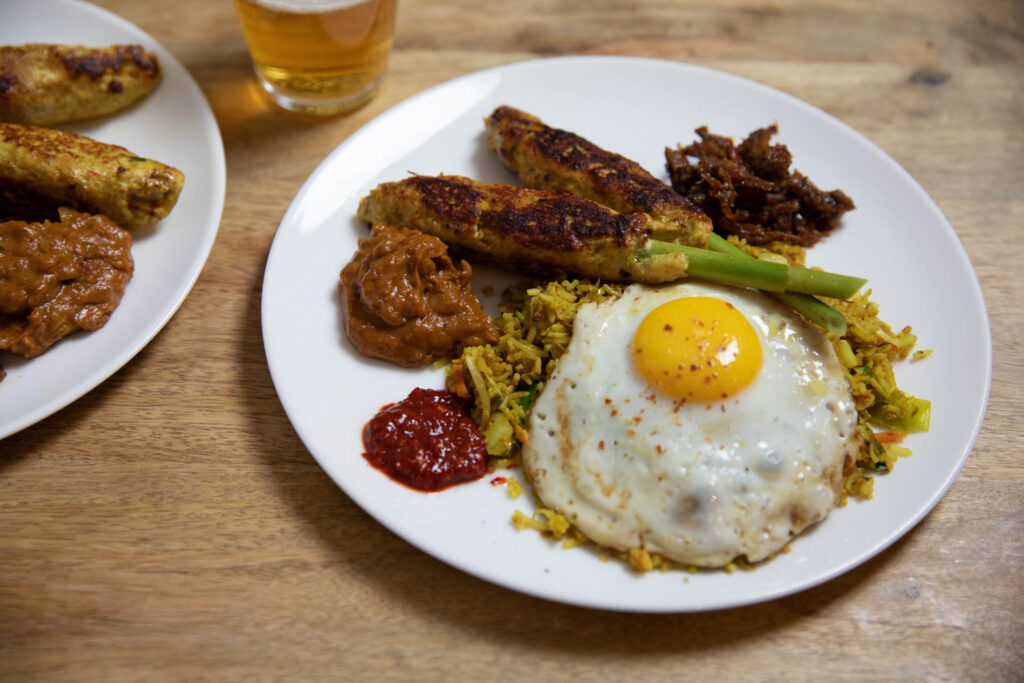 Saté Lilit with Nasi Goreng, Sambal Ikan Bilis, Saté Sauce and a Fried Egg