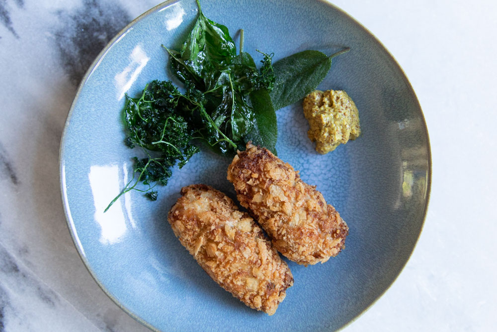 Shrimp Croquettes with Flash Fried Herbs and Mustard Mayo