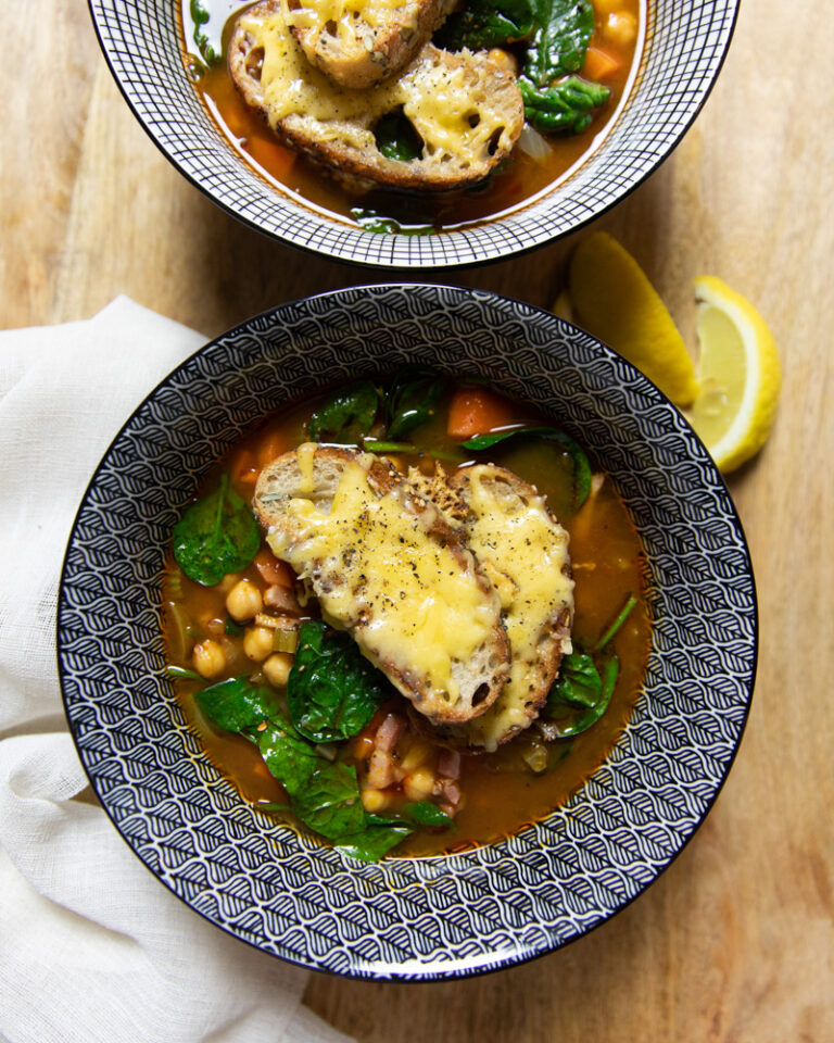 Brothy Chickpeas with Spinach and Cheesy Toast closeup from above