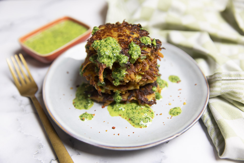 Sweet Potato Halloumi Fritters with Koriander & Lime Dressing