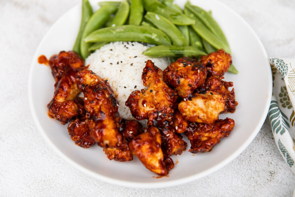 Gochujang Sticky Chicken with Steamed Rice and Sugarsnaps