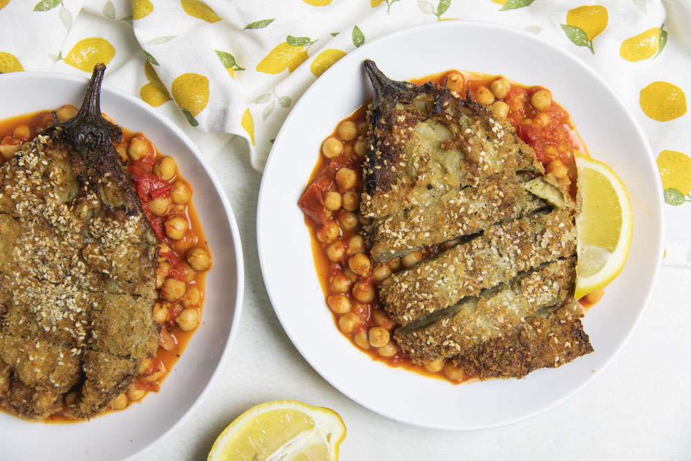 Aubergine Schnitzel with Chickpea, Red Peppers & Tomato Stew