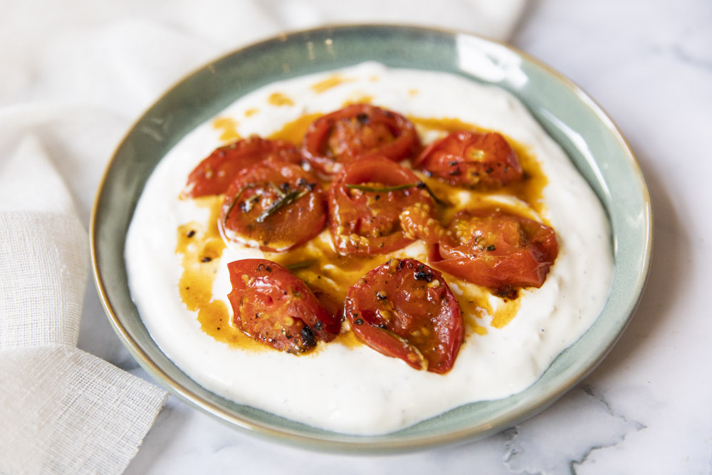 Chilled Lemon Yoghurt with Hot Charred Tomatoes