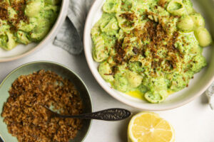 Creamy Snow Pea & Broccoli Pasta with Anchovy Crumb