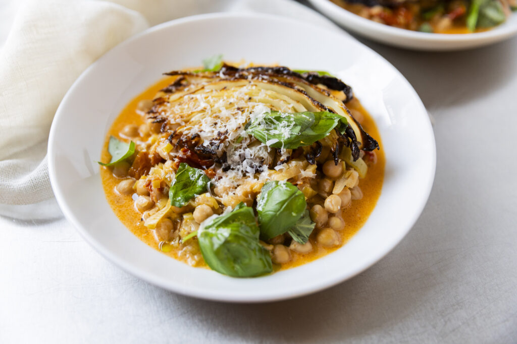 Sun-dried Tomato and Chickpea Stew with Roasted cabbage